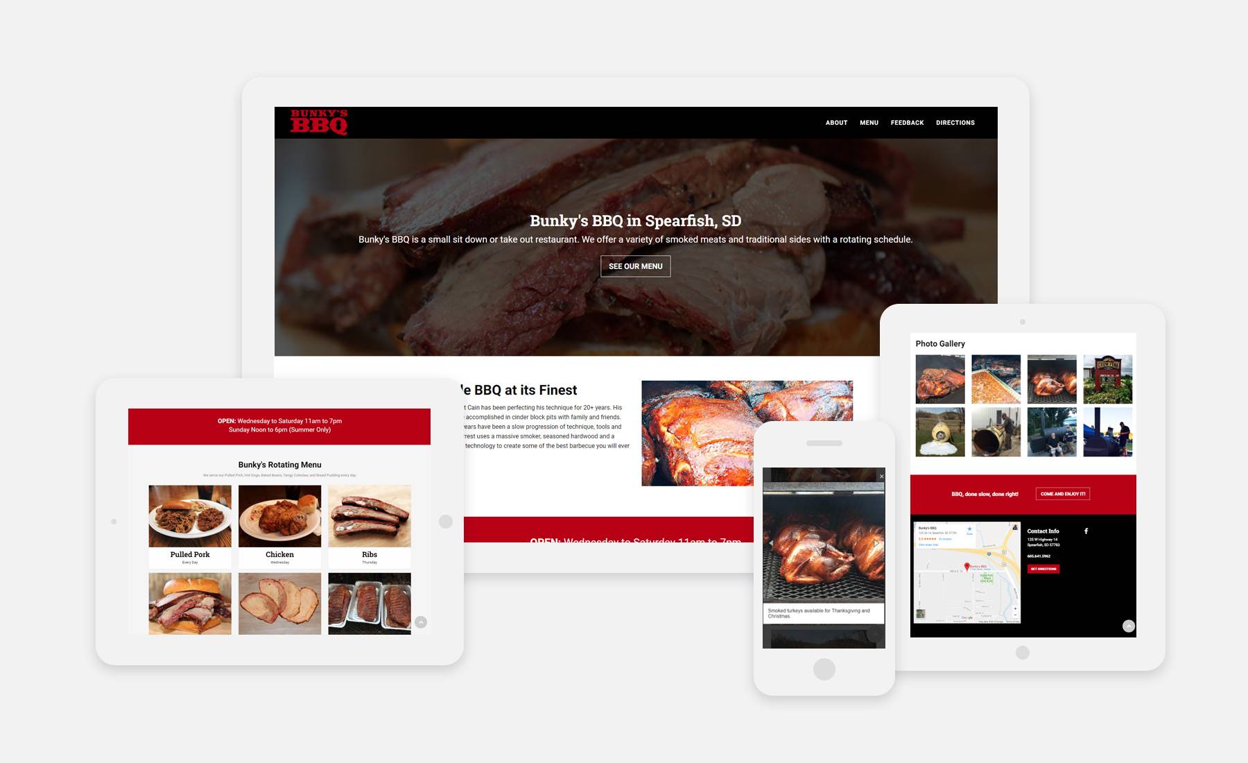 Bunky's BBQ website on 4 devices: desktop, ipad vertical, ipad landscape, and mobile