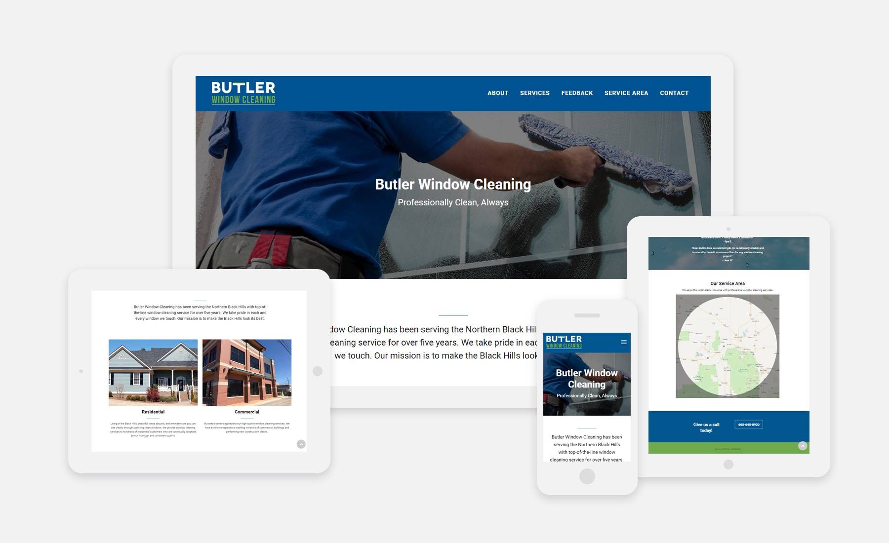 Butler Window Cleaning website shown on 4 devices: desktop, laptop, tablet and phone