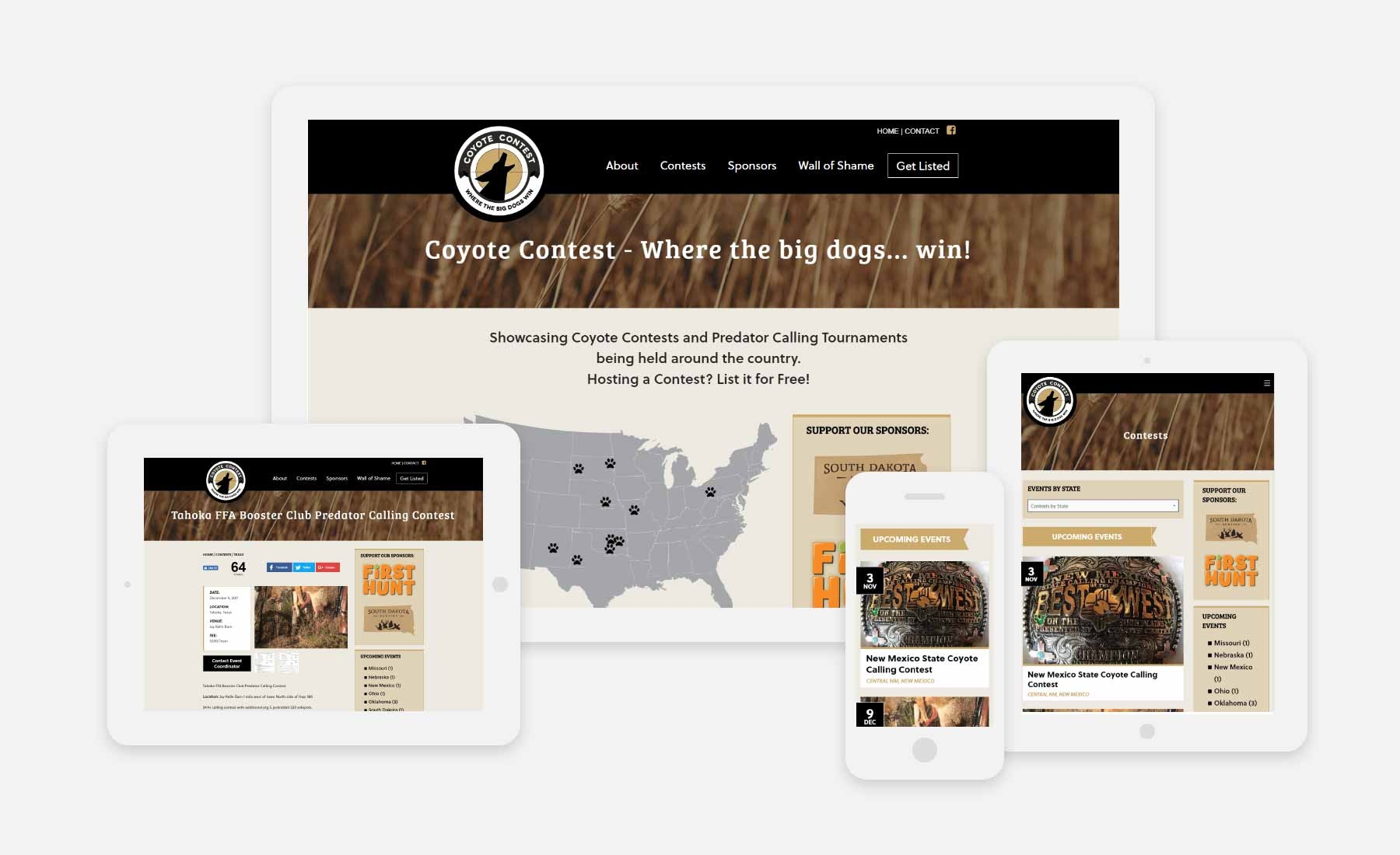 Coyote Contest responsive website on desktop, tablet and phone