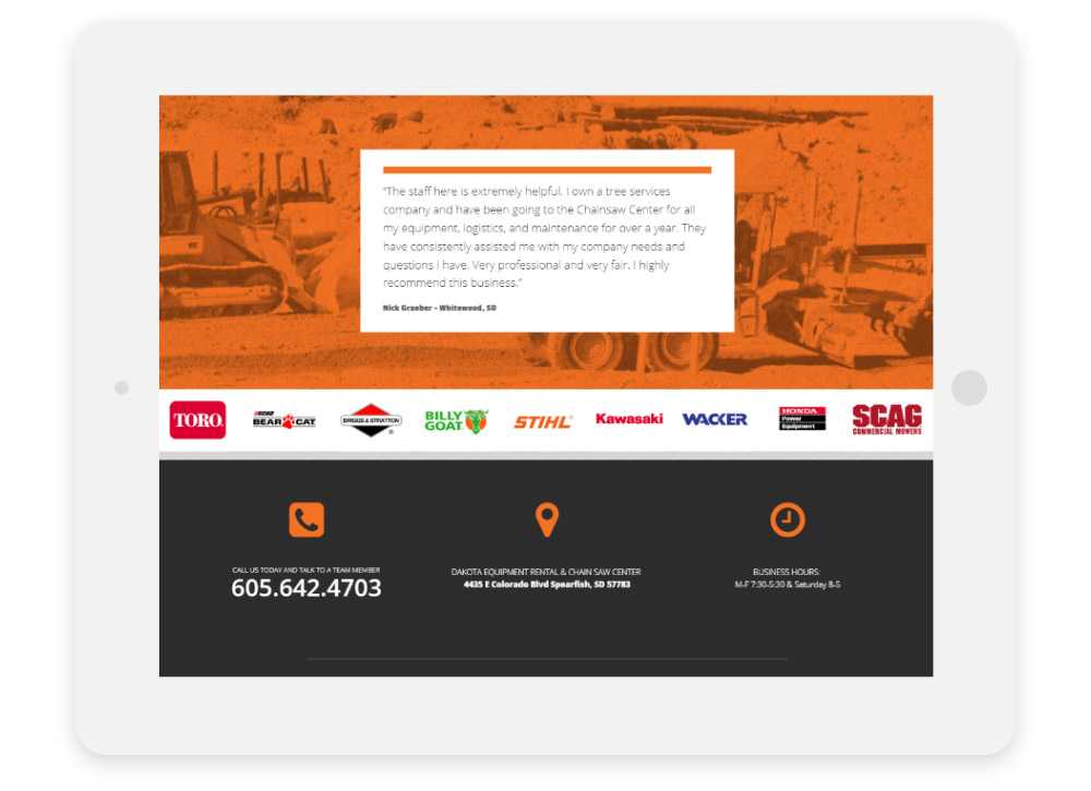 Dakota Equipment Rental responsive website Customer Testimonial shown on three phone screens