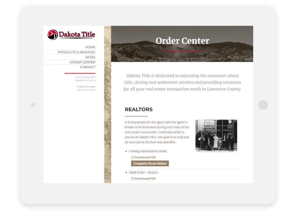 Dakota Title responsive website Order Center shown on tablet