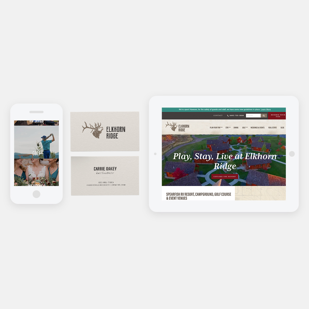 Elkhorn Ridge business cards and website on phone and tablet