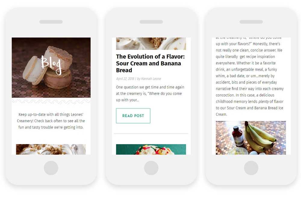 Leones' Creamery website on 3 mobile phone, showing the blog list and a detail page