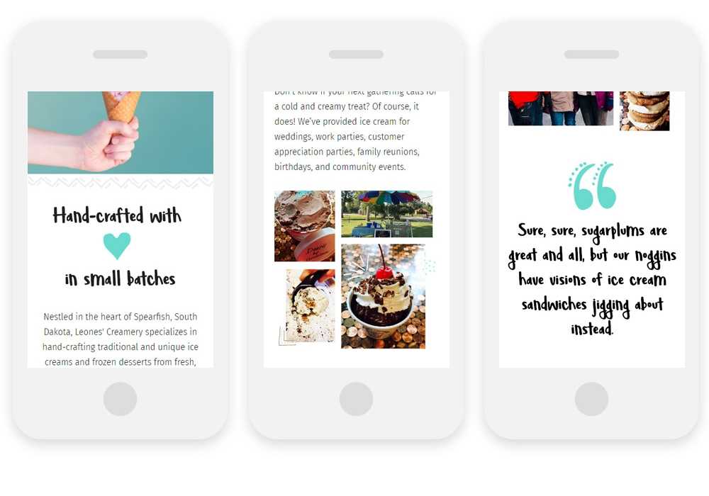 Leones' Creamery website on 3 mobile phones