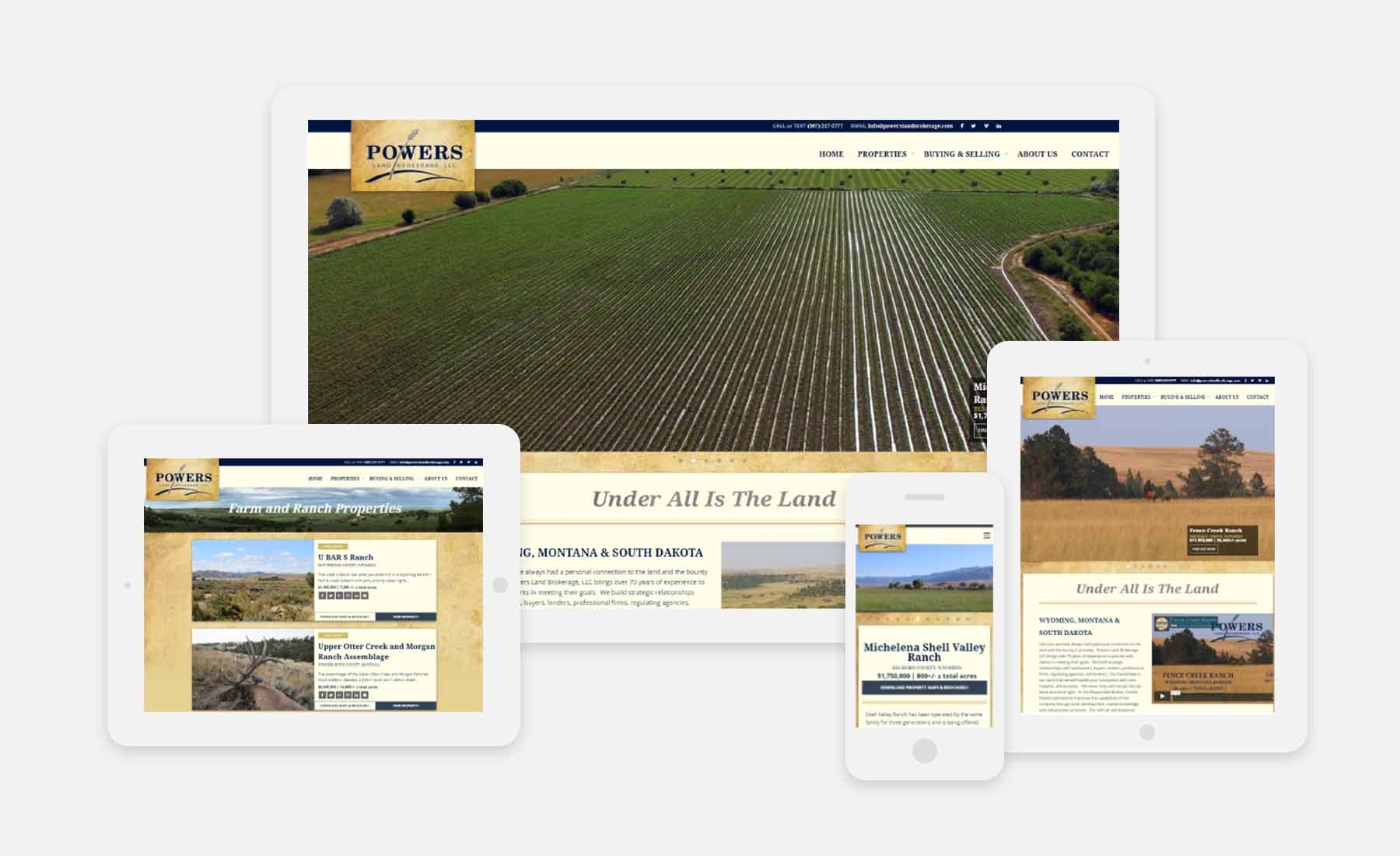 Powers Land Brokerage responsive website shown on several devices
