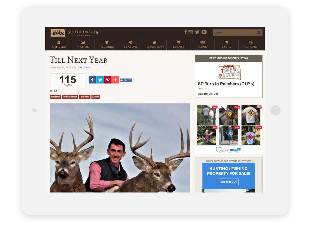 South Dakota Hunting responsive website Article Detail shown on a tablet