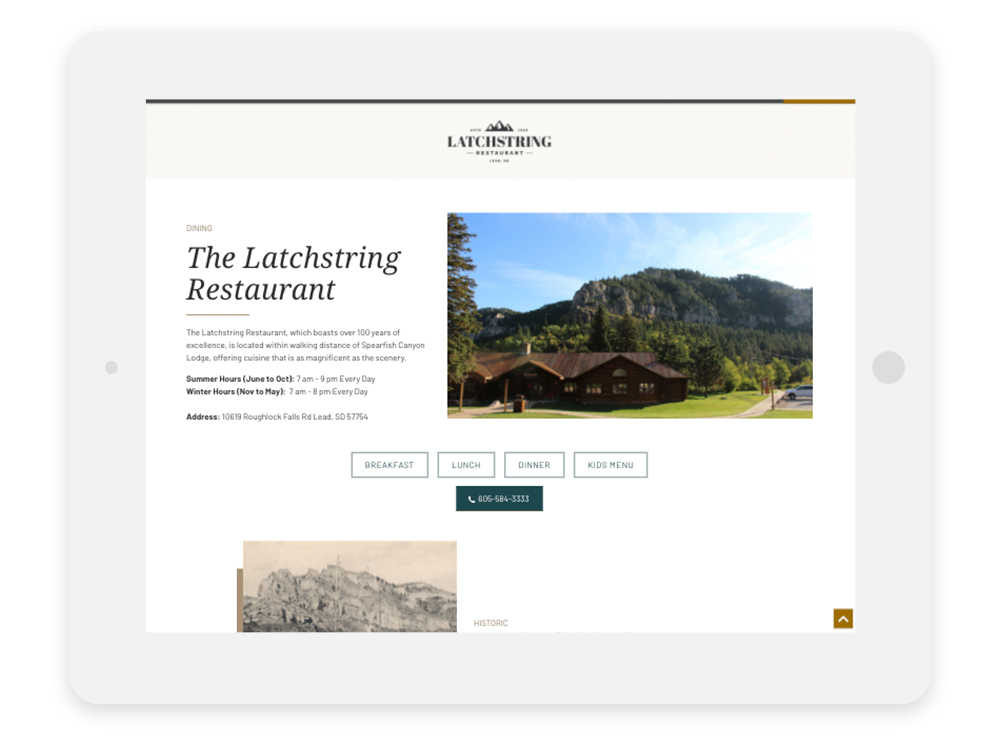 Dining page-specific navigation shown on iPad