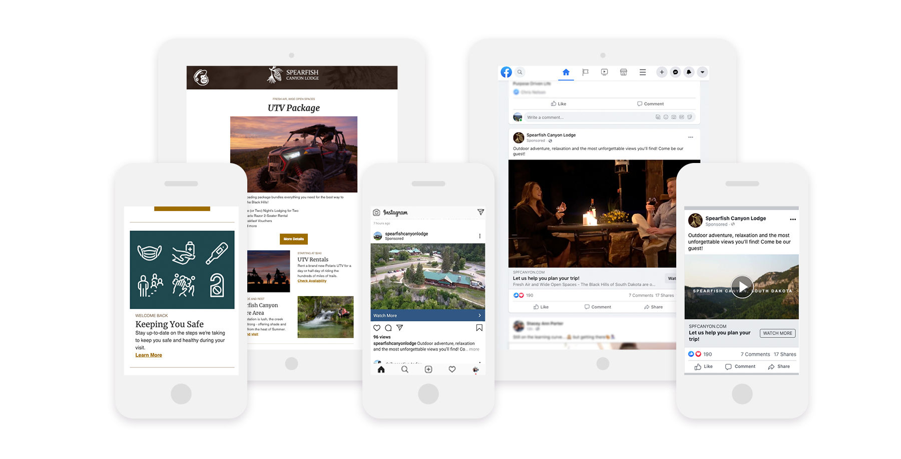 E-mail marketing and social media marketing shown on iPads and iPhones