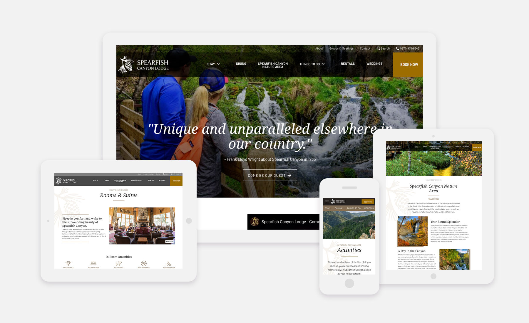 Spearfish Canyon Lodge website on desktop, iPads and an iPhone
