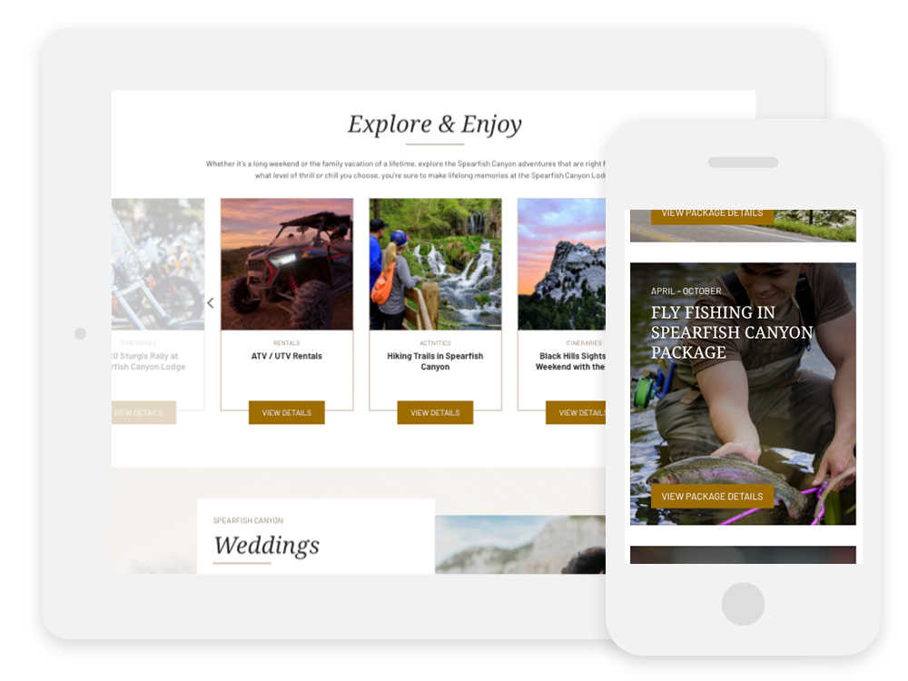 Activities section on homepage shown on iPad and Packages page shown on iPhone