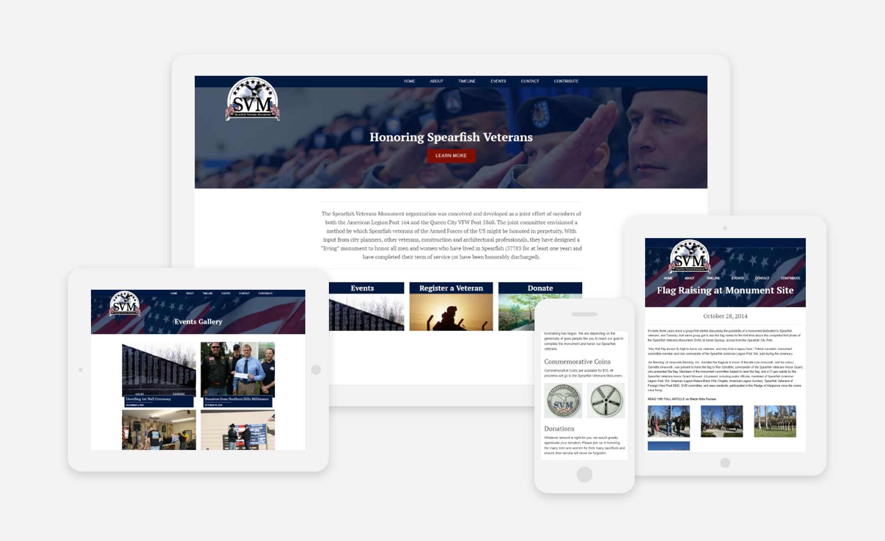 Spearfish Veterans Monument responsive website shown on several devices