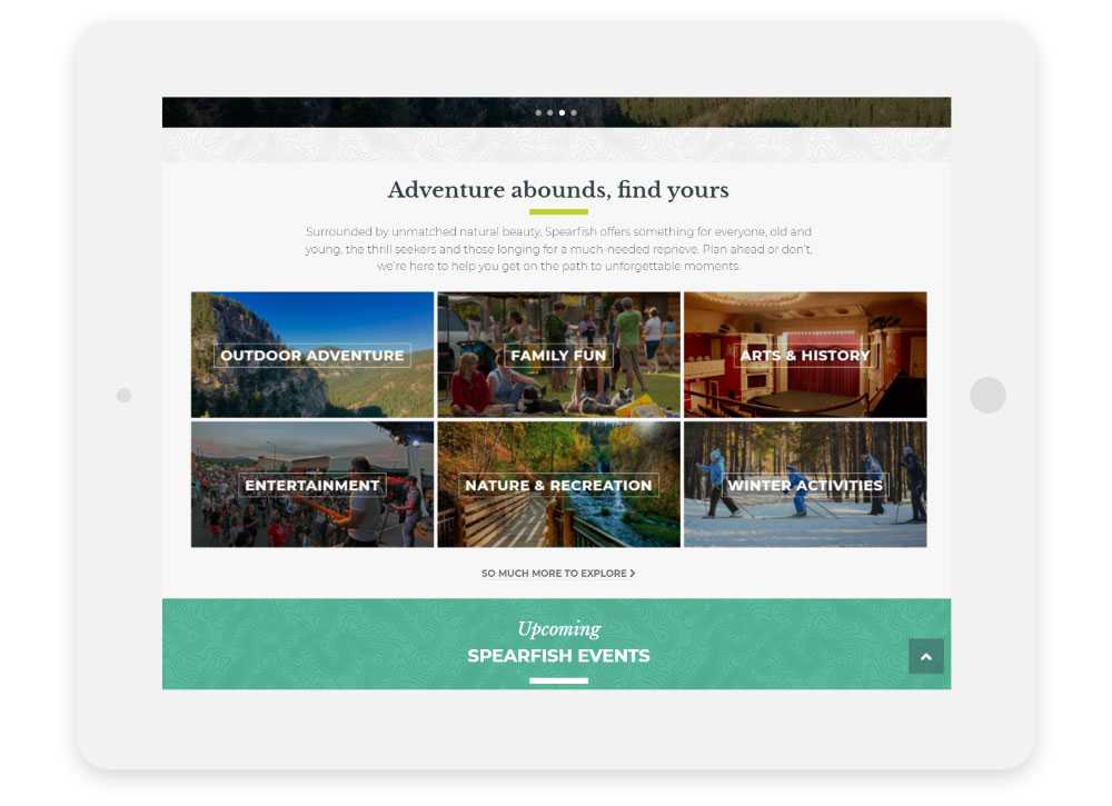 Visit Spearfish responsive website Things To Do category overview shown on a tablet